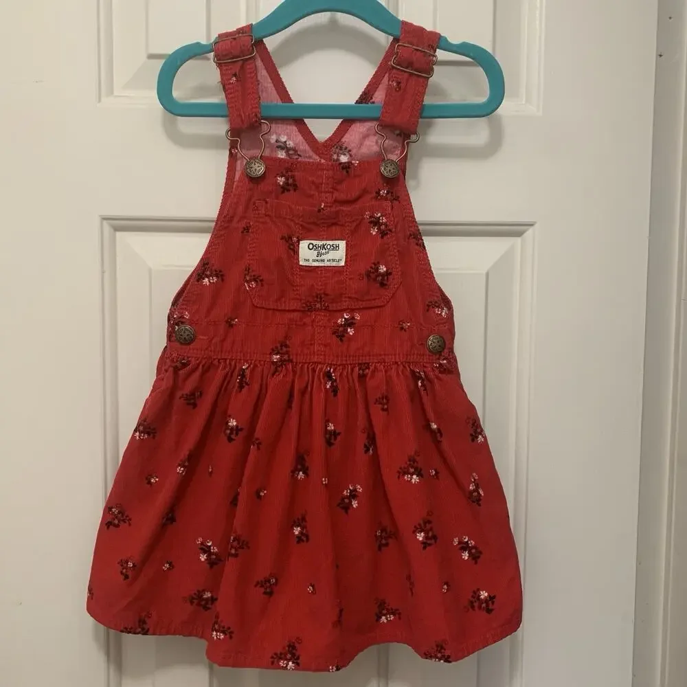 OshKosh B’Gosh 3T Red Corduroy Floral Bib Dress Overall Floral Skirt Vestbak